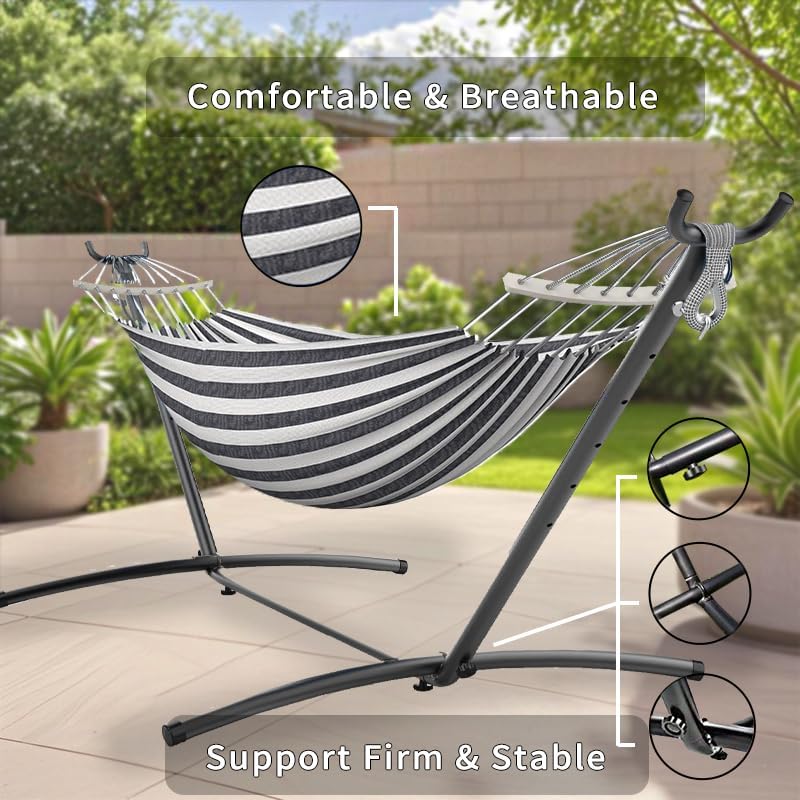 Double Hammock, Heavy Duty Portable, 500 lb Weight Capacity, Perfect for Both Indoors and Outdoors, 2 Person Hammock with Carrying Bag, Black White
