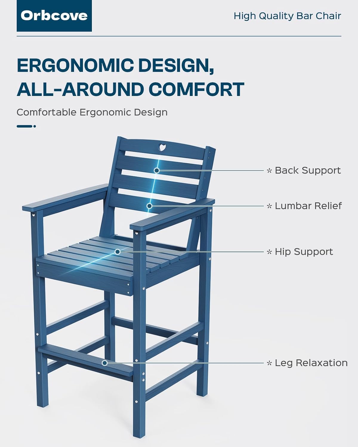 Tall Adirondack Chairs Set of 4, HDPE Wood Balcony Adirondack Chairs Set with Heart Cutout Design, Weather-Resistant Bar Height Furniture for Deck, Porch, Pool (Navy Blue)