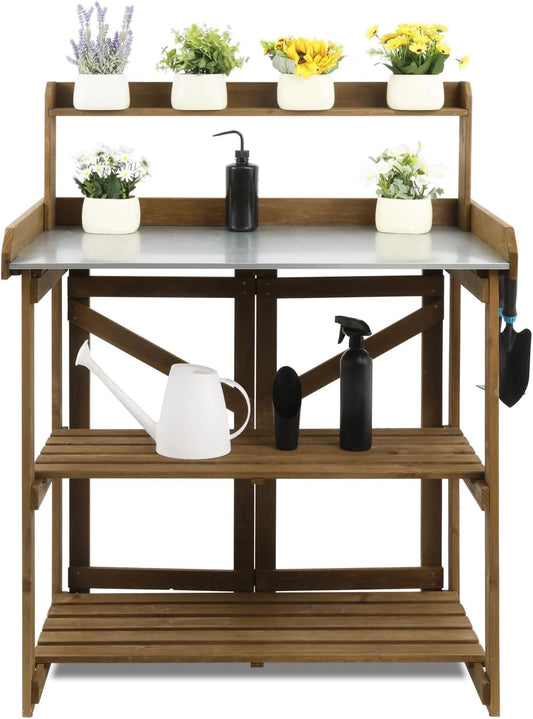 Folding Garden Potting Bench Table，Outdoor Wooden Work Station W/Metal Table Top,2 Tier Open Storage Rack,Top Shelf-Natural Stained