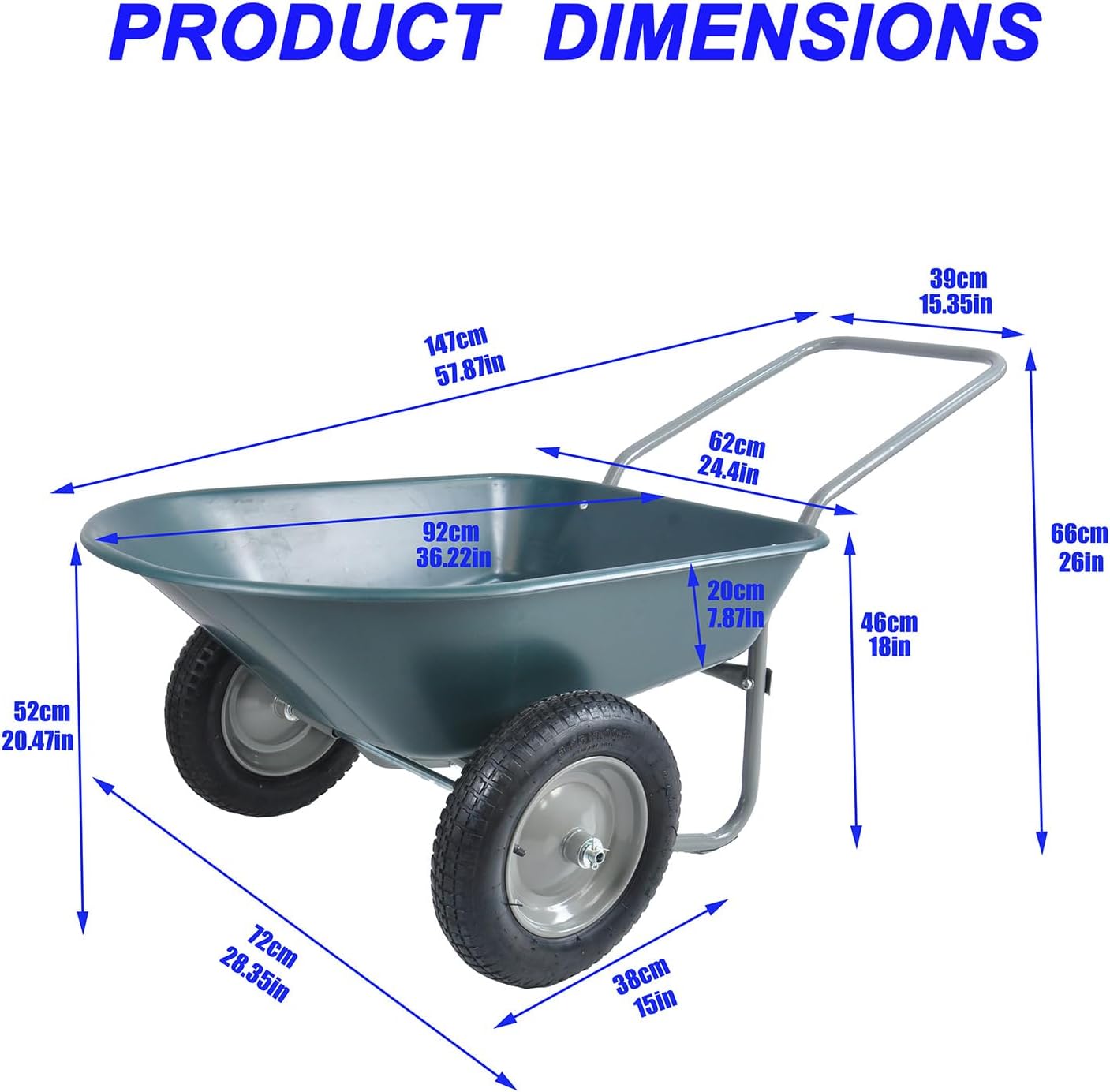 Dual Wheel Wheelbarrow, Heavy Duty Garden Cart, 300 lbs Capacity Utility Cart with Two 15 inches Pneumatic Tires for Outdoor Lawn Yard Farm Ranch (Green)