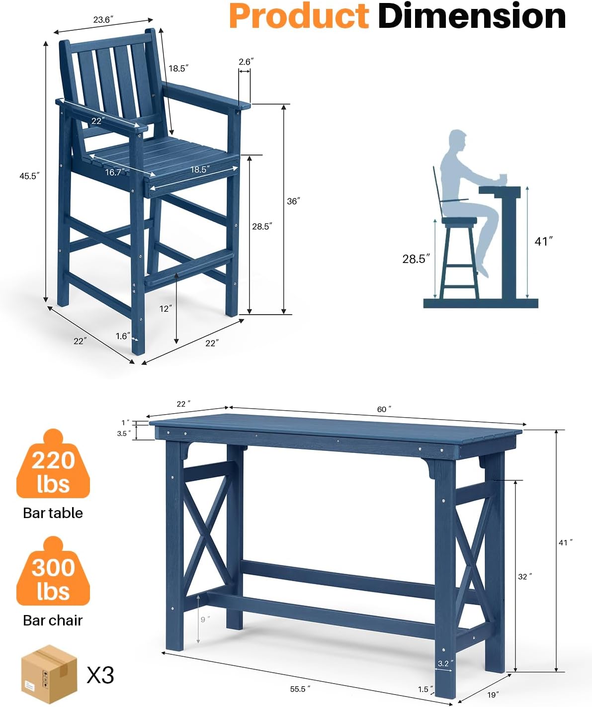5-Piece HDPE Patio Bar Set, Rectangular Bar Height Table and 4 Adirondack Bar Chairs, All-Season Outdoor Bar Stools Set, Outdoor Bar Table and Chairs Set for Outside, Balcony, Deck, Navy