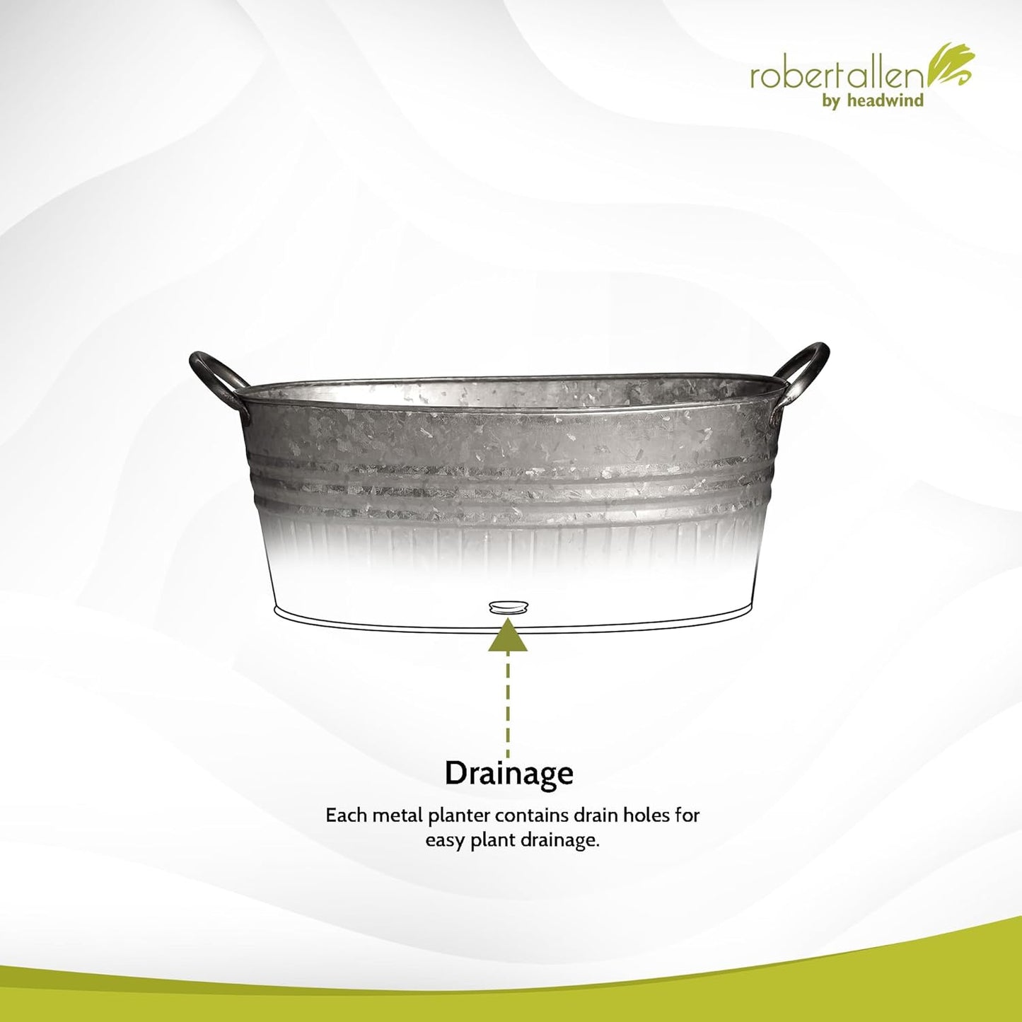 Headwind Robert Allen 16.5" Oval Tub Metal Planter w/Handles – Lightweight Galvanized Steel with Drainage Holes – Indoor/Outdoor Garden Pot