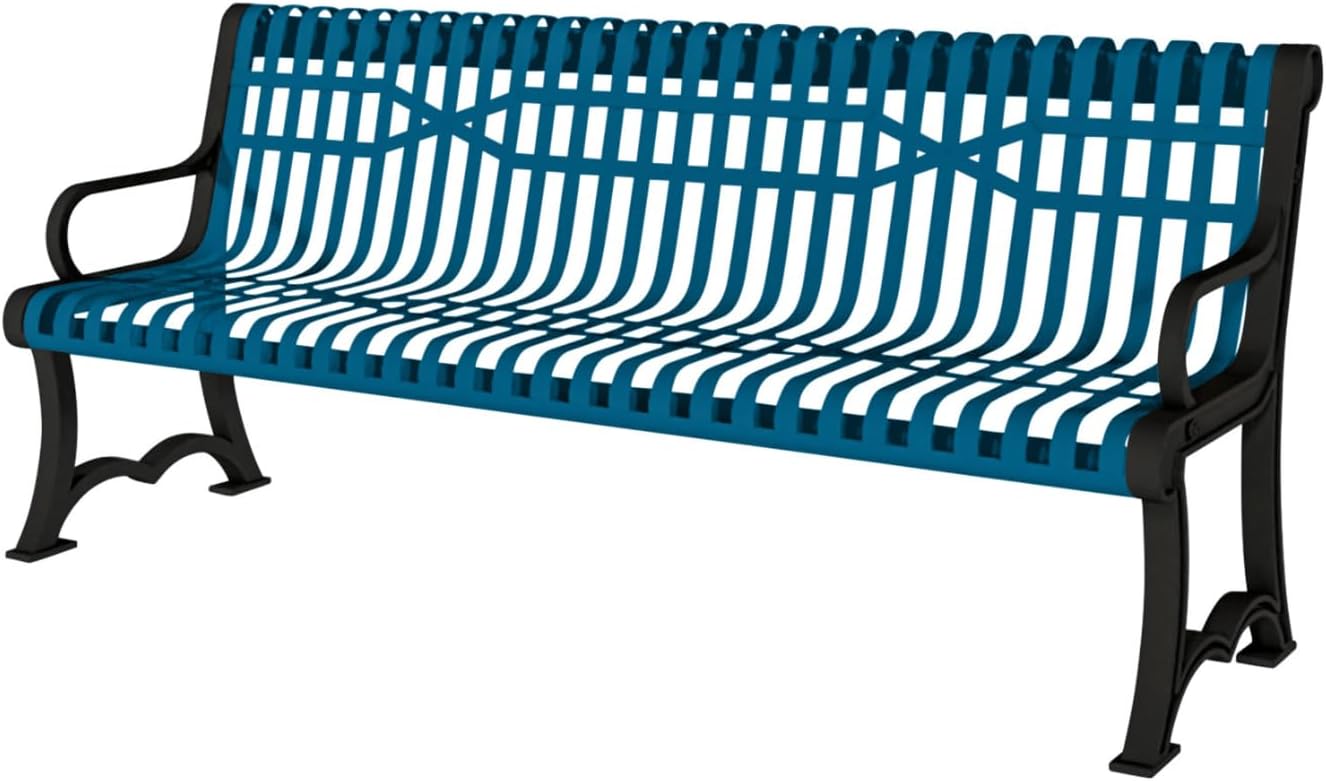 Coated Outdoor Furniture Heavy-Duty Outdoor Bench Thermoplastic Coated, Slatted Steel, Commercial-Grade Garden Bench, Made in America (Portable with Back, 4 Ft, Light Blue)
