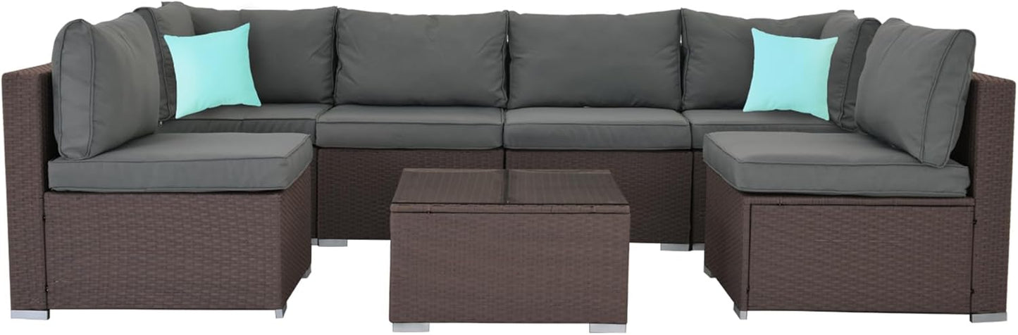 7-Piece Patio Furniture Set - Outdoor Sectional Sofa Set with Cushions and Glass-Top Coffee Table for Gardens, Poolside, Backyards and Porches, Wine/Grey