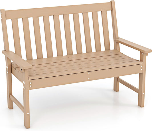 Giantex Outdoor Bench, 52-Inch Outside Bench All-Weather HDPE Park Bench with Backrest and Armrests, 705 lbs Weight Capacity, 2-Person Slatted Patio Bench for Porch, Yard, Lawn, Garden Bench (Teak)