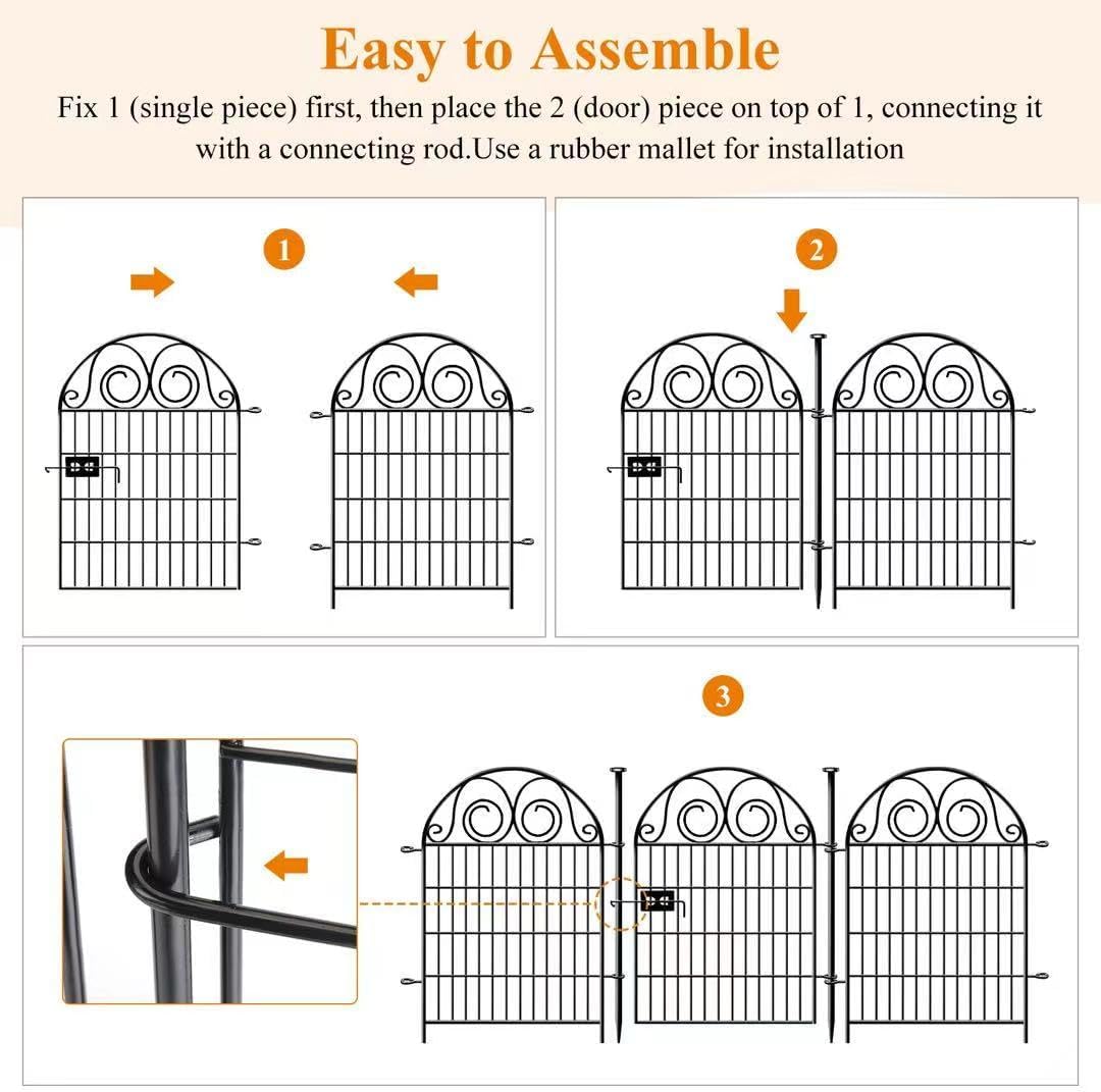 Dog Fence Outdoor for Yard, 32 in(H)×8.8 Ft(L) 4 Panels Garden Fences with Gate, Black Metal No Dig Fence for Dogs, Reusable Defense Temporary Fencing│Patented