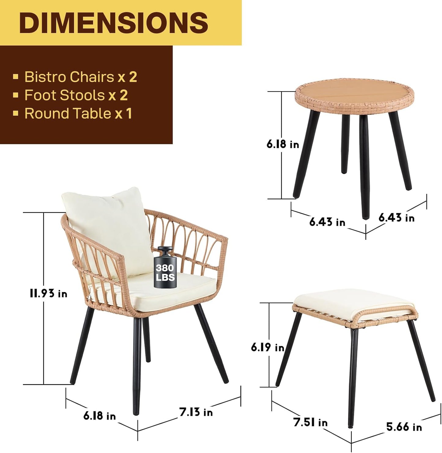 5 Piece Outdoor Bistro Set, Waterproof Patio Furniture Conversation Set, Patio Table and Chairs with Foot Rest, Small Outdoor Wicker Chairs for Porch, Backyard, Deck, Balcony