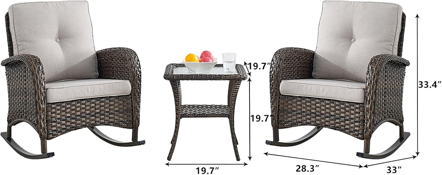 HUMMUH 5 Pieces Wicker Patio Furniture Set,Outdoor Rocker Chairs,Patio Ottomans,Glass Top Side Table,Outdoor Conversation Set for Porch Deck Backyard Poolside