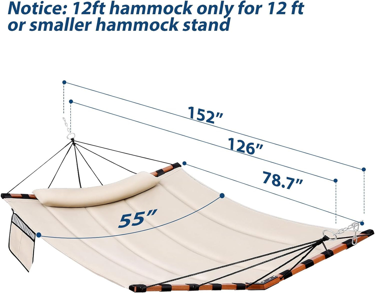 TegerDeger 12FT 2 Person Hammock Large Hammock 450LB Capacity with V Shaped Hardwood Spreader Bar & Nylon Rope for Outside, Patio, Garden, Backyard, Beach, Poolside - Beige