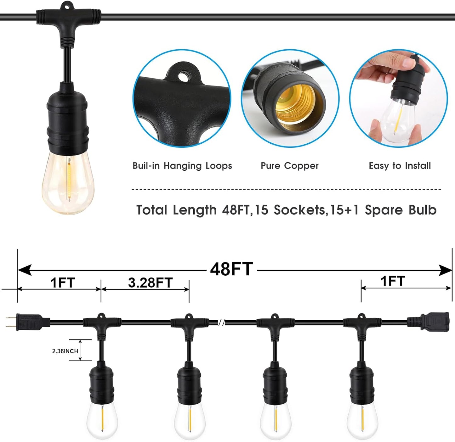 48ft LED Outdoor String Lights with 15+1(Spare) 1W Shatterproof Bulbs, Black Waterproof IP65 Connectable Outdoor Decorative Lights for Garden Patio Cafe Bistro Backyard Porch, UL Listed