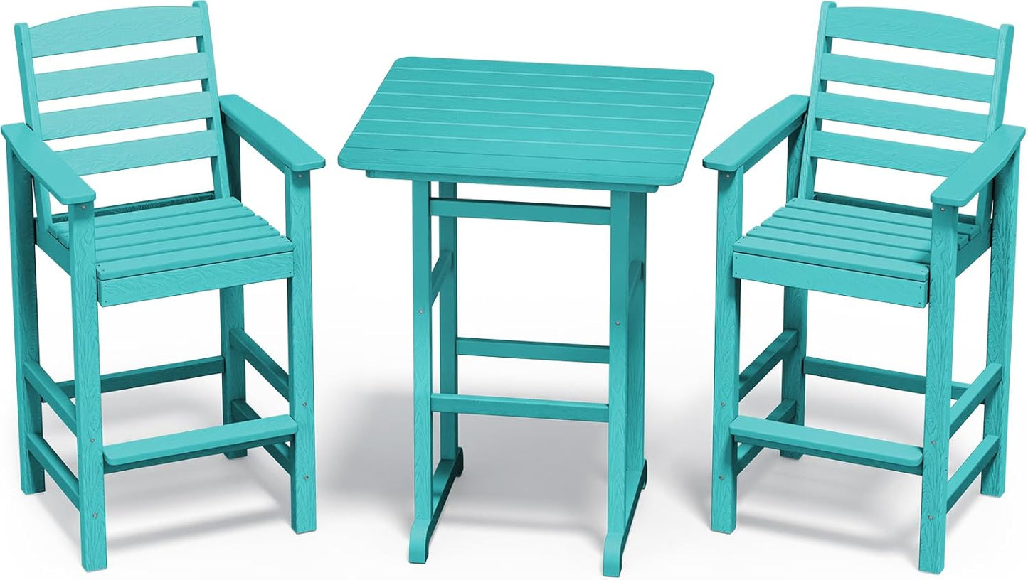 SERWALL Balcony Adirondack Chairs and Table 3 Pieces Set, Adirondack Bar Height Chairs Set of 2 and Bar Table, Outdoor Bar Stools Set for Bistro, Poolside, Backyard, Aruba