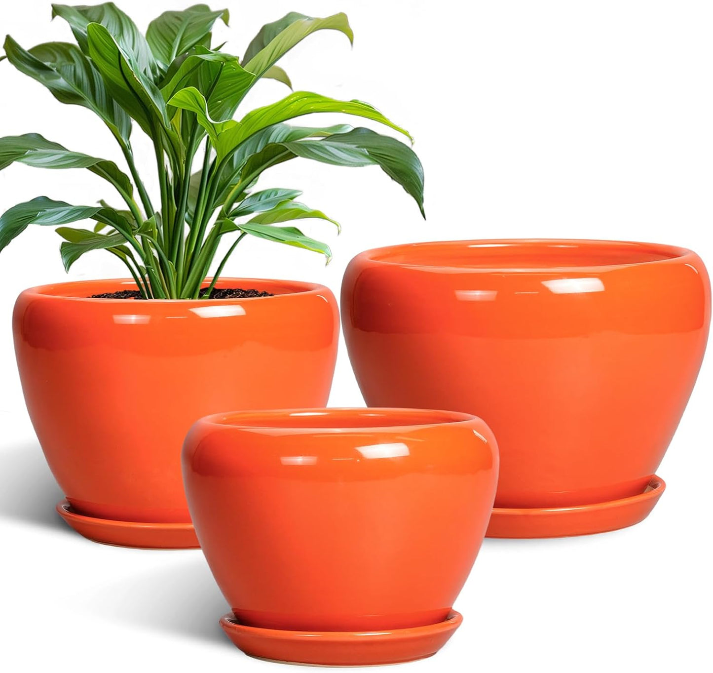 Ceramic Planter - 10 Inch 8 Inch 6 Inch Plant Pot with Drainage Holes and Saucers, Round Planters for Indoor Outdoor, Modern Flower Pots, House Garden Room Decor, Gardening Gifts, Orange
