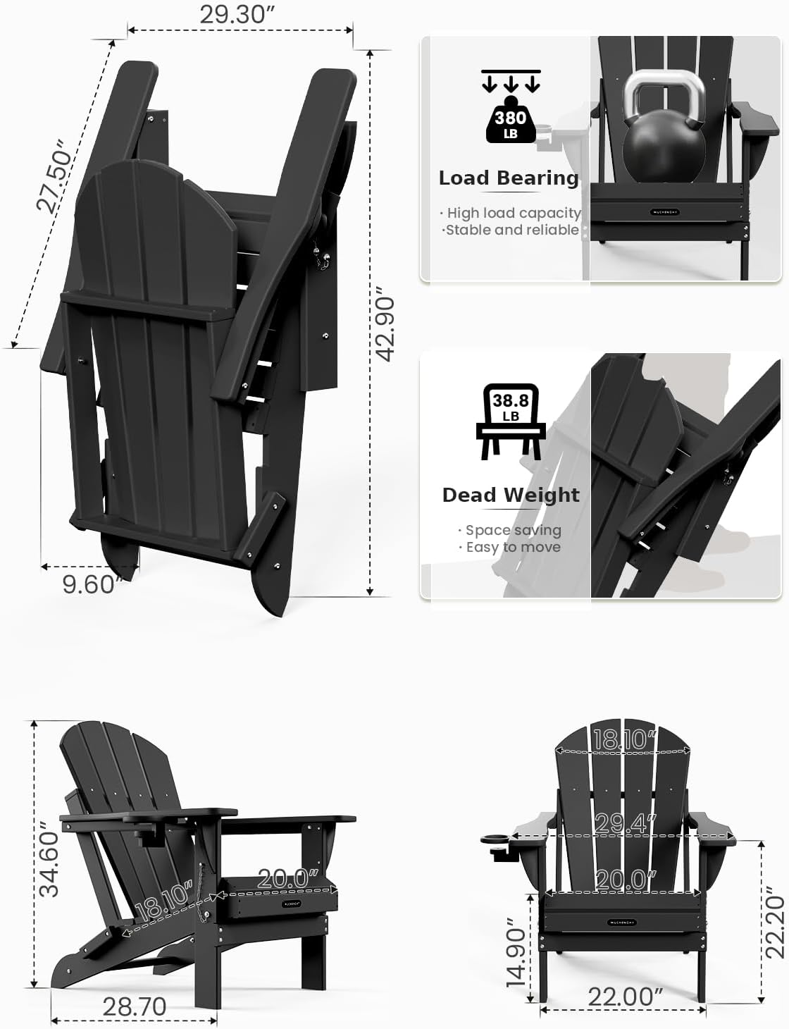 MUCHENGHY Folding Adirondack Chairs 2 Pack, Patio & Outdoor Chairs, Plastic Weather Resistant with Cup Holder for Deck, Backyard, Garden (Black)