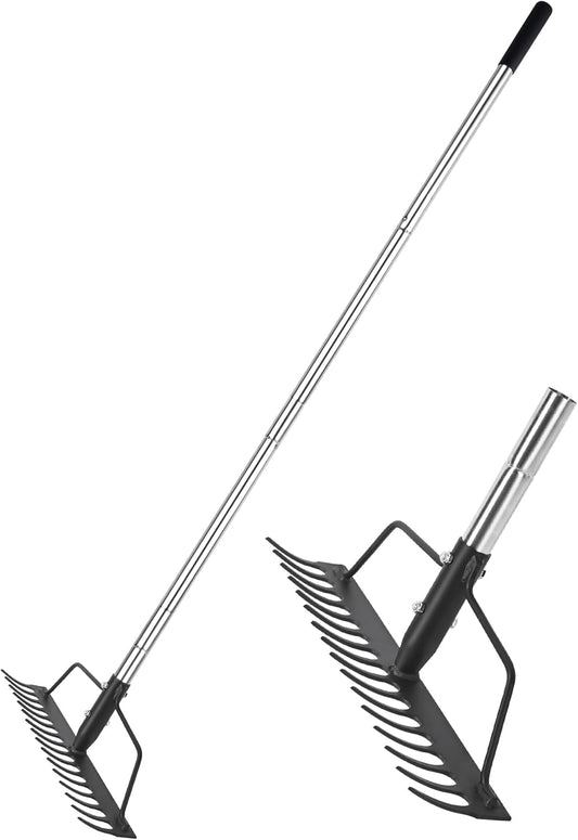 15 Inch Wide Bow Rake, 16 Steel Tines Metal Head Rake Tool with Stainless Steel Handle, Adjustable Long Handle Garden Rake for Loosening Soil Leveling Mulch Gathering Lawns Leaves