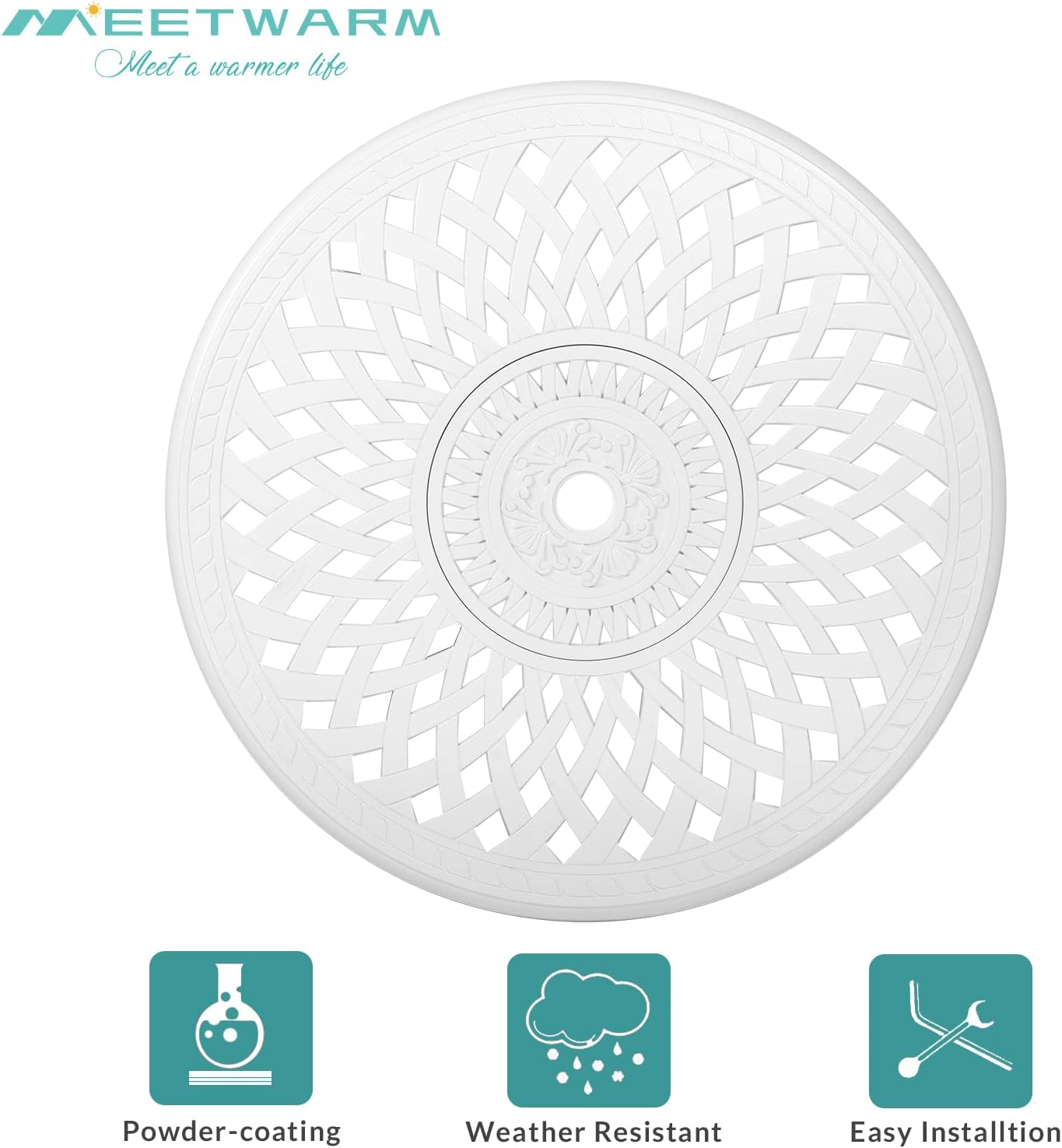 MEETWARM 3 Piece Patio Bistro Set, Outdoor All-Weather Cast Aluminum Dining Furniture Set Includes 2 Chairs and a 31” Round Table with Umbrella Hole for Garden Deck, White