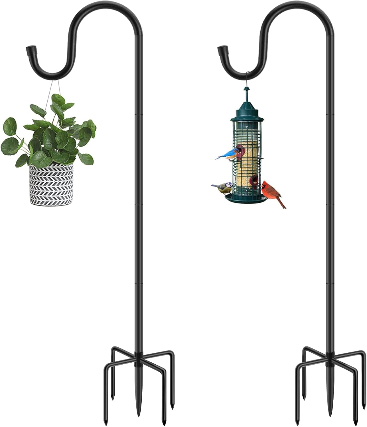 Shepherds Hooks for Outdoor, 48 Inches Garden Bird Feeder Pole for Hanging Bird Feeder, Plant Baskets, Solar Light Lanterns, Outdoor Plant Hanger Hook with 5 Base Prongs, 2 Packs