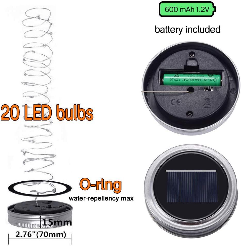 SunKite Solar Mason Jar Lights [Updated], 8 Pack 20 LED Waterproof Fairy Firefly Jar Lids String Lights with Hangers(NO Jars), Patio Yard Garden Wedding Decoration - Cool White