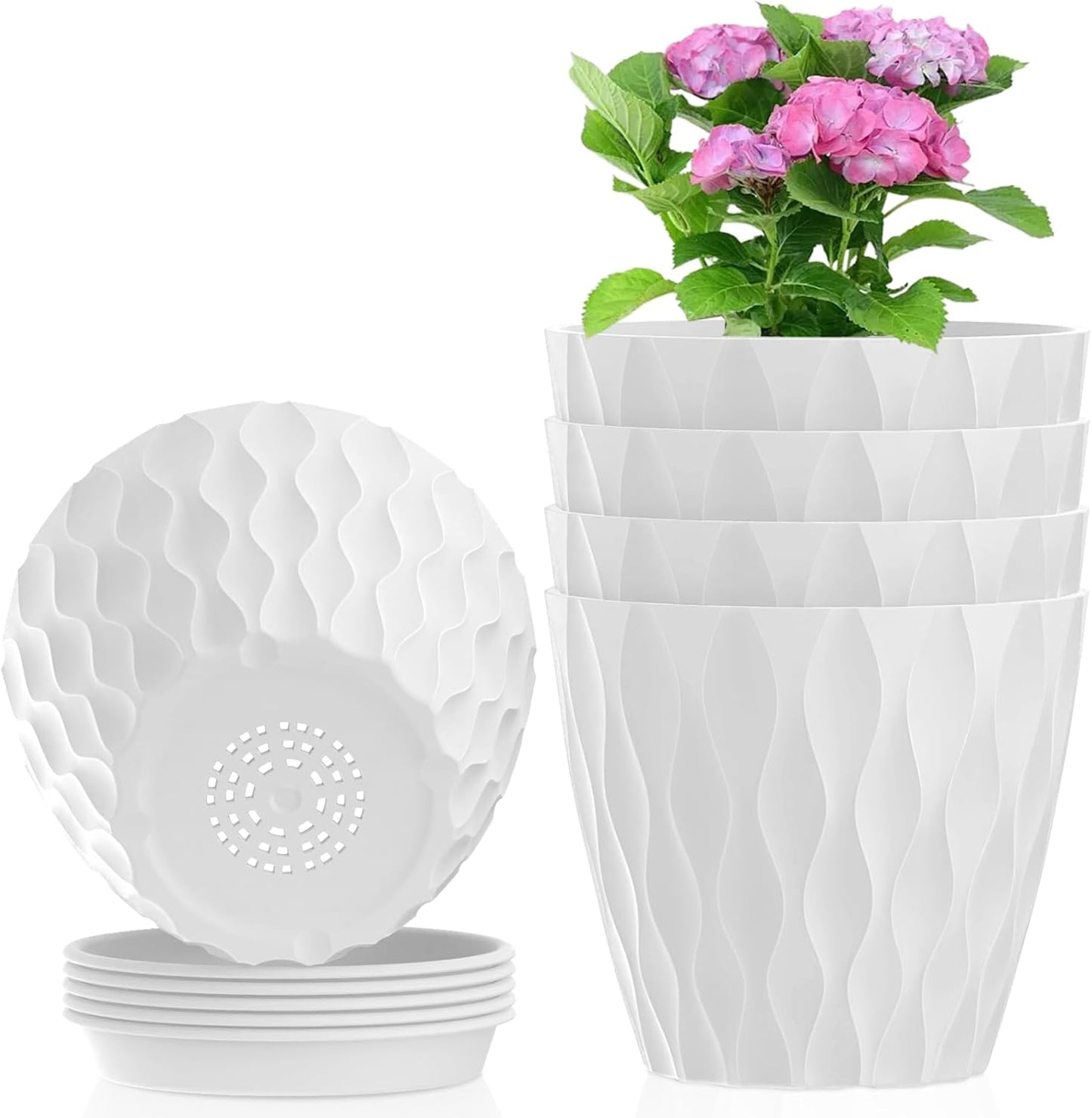 4 inch Small Plastic Nursery Pots, 5 Pack Water Ripples Plant Pots for Indoor Plants, Flower Pots with Drainage Holes and Saucers, Seedling Starter Planters for Succulent Plants, White