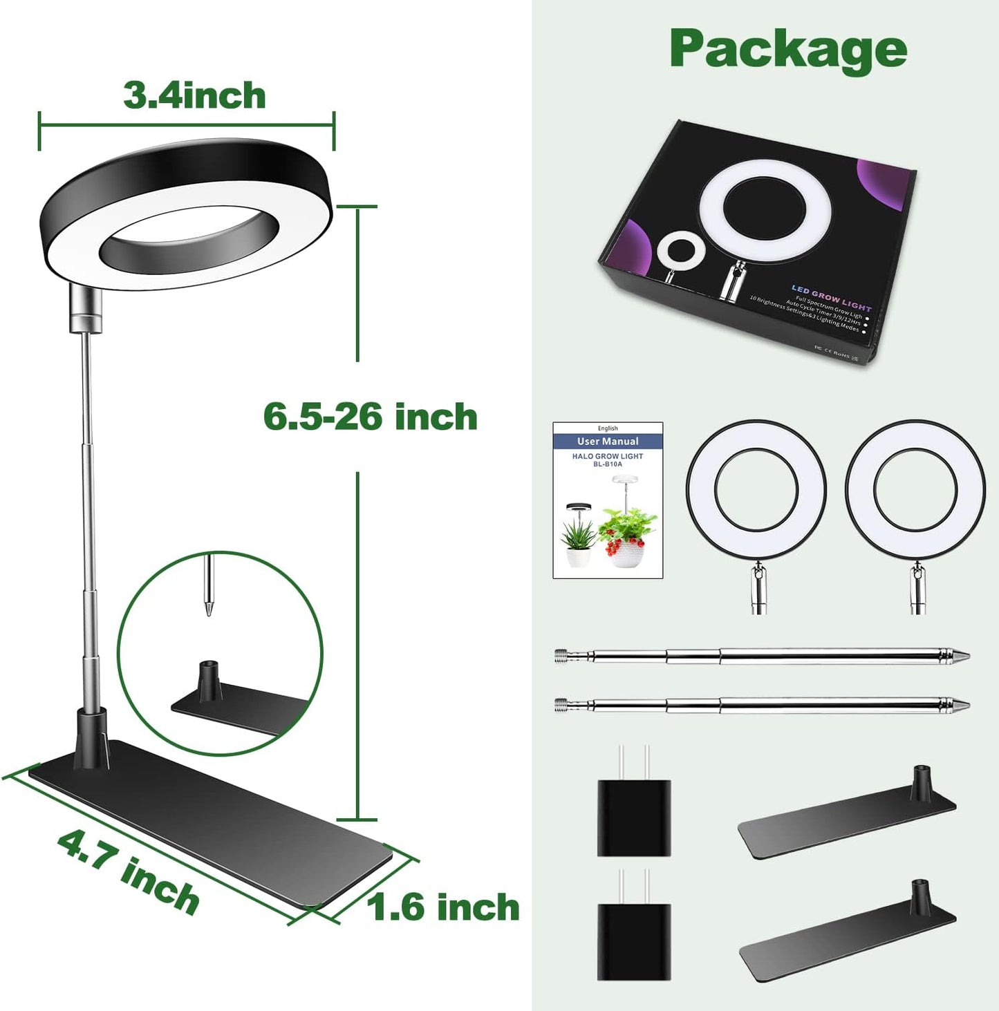 Grow Lights for Indoor Plants, 48 LEDs Full Spectrum Plant Light for Indoor Plants, Height Adjustable Growing Lamp with Base, 3 Optional Spectrums, Auto Timer 3/9/12Hrs, 10 Brightness, 2 Pack