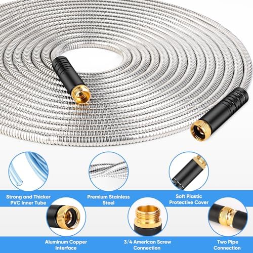 Garden Hose 50 FT, Metal Stainless Steel Water Hose with 10 Function Nozzle