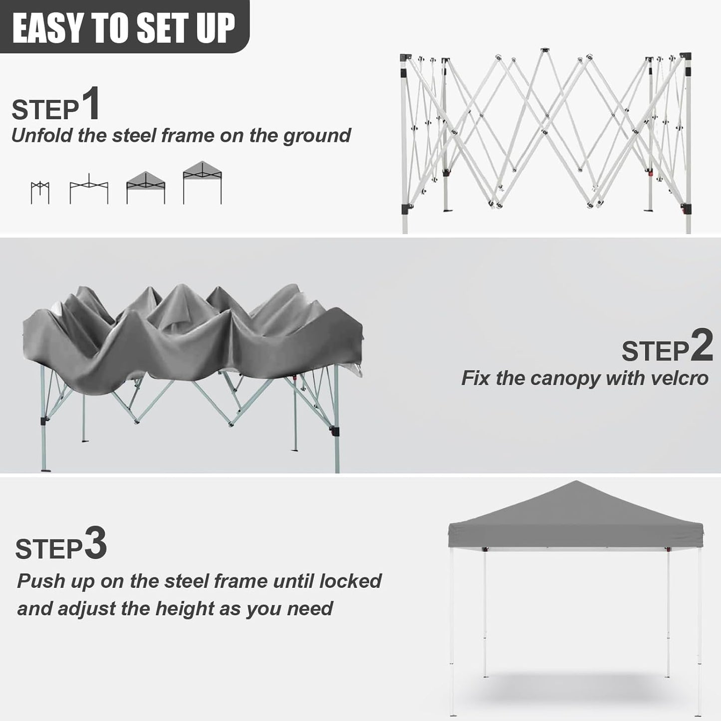 10x10ft Pop Up Canopy Tent,Heavy Duty Waterproof Folding Tent for Camping Parties Events Parties,Outdoor Canopy,Portable Sun Shelter,3 Adjustable Height(Grey)