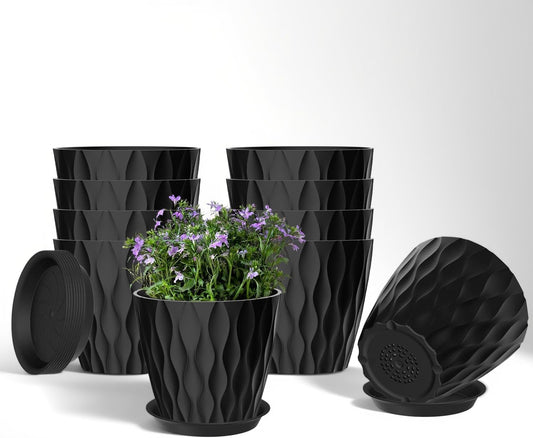 10 Pack 5 Inch Plant Pots with Drainage and Saucers, Black Plastic Flower Pots for Indoor and Outdoor Plants, Stackable Nursery Planters for Houseplants and Herbs, Black