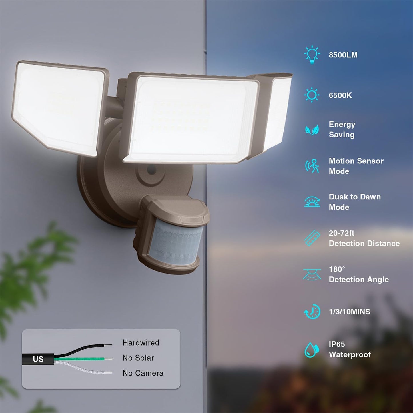 85W LED Security Lights Motion Sensor Light Outdoor, 8500LM Dusk to Dawn, IP65 Waterproof, 6500K, 3 Head Motion Detected Flood Light, Floodlight for Outside, Garage, Yard, Porch (Brown)