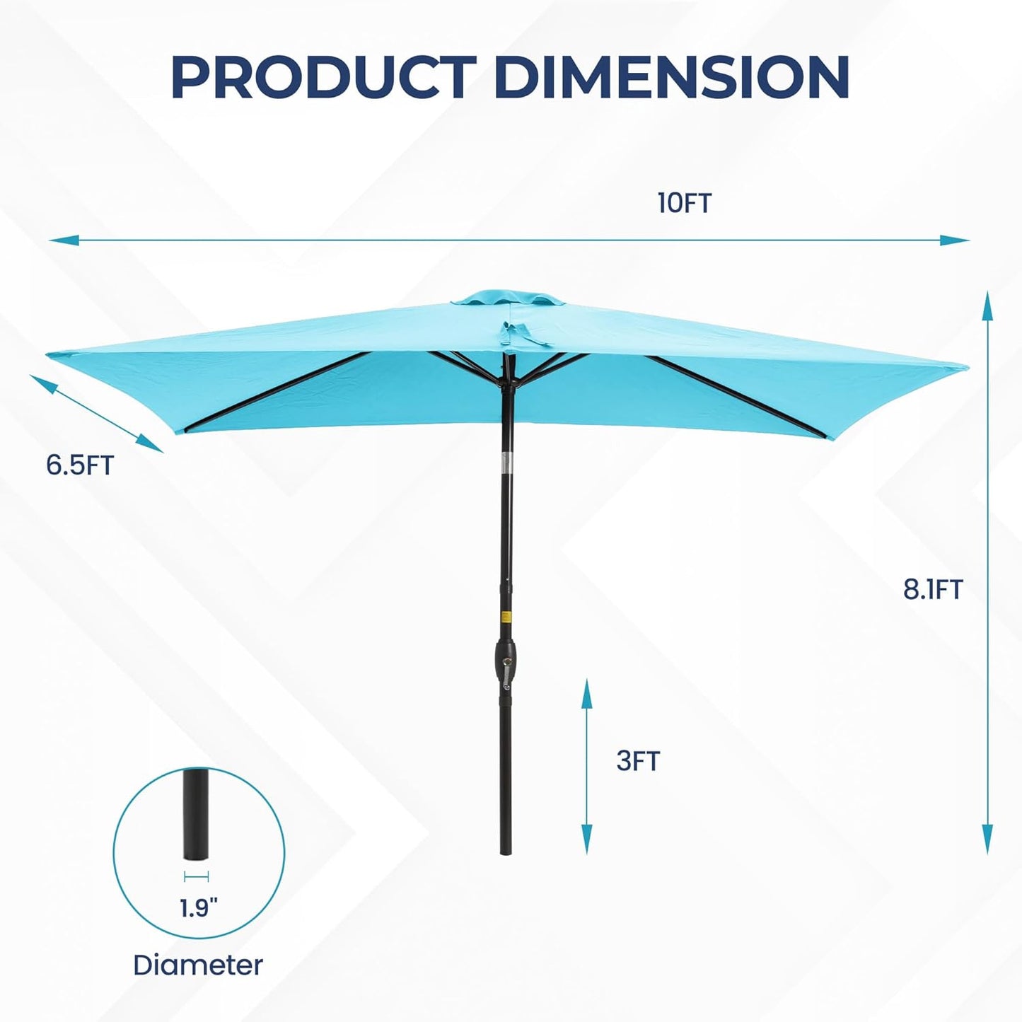 SUNVIVI OUTDOOR Patio Umbrella, 6.5' x 10' Rectangular Patio Umbrella, Metal Pole Square Outdoor Umbrella with Crank and Push Button Tilt, 6 Steel Ribs, Polyester Canopy