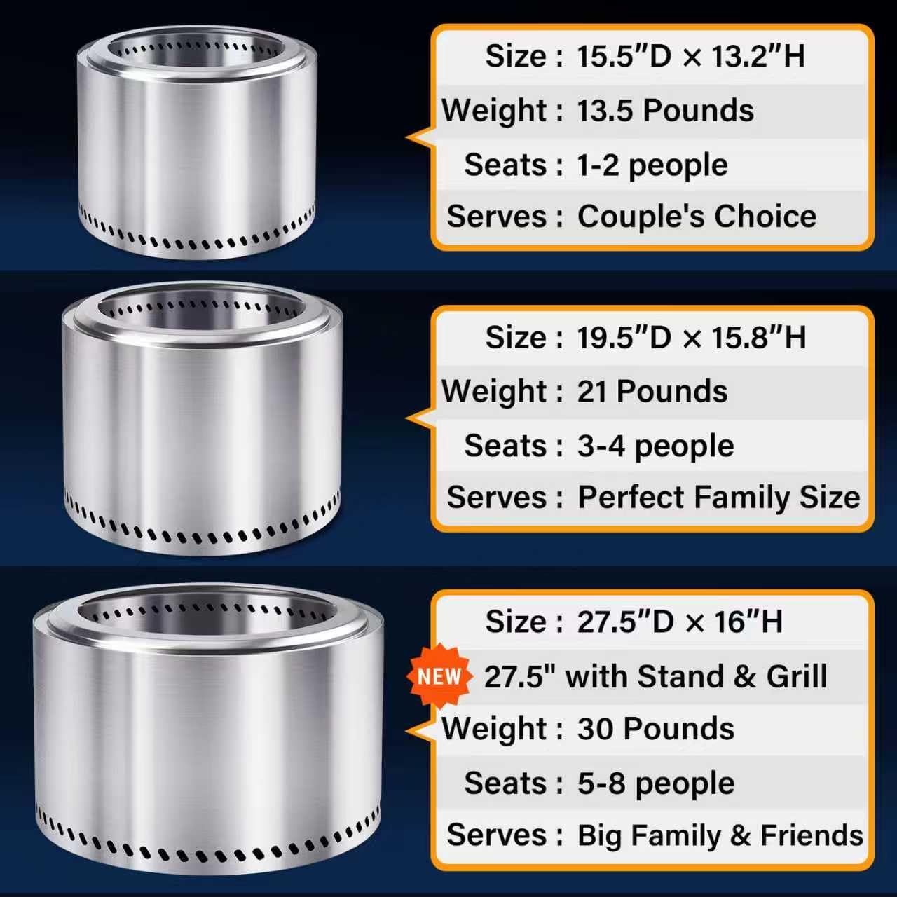 HGD 15" Smokeless Fire Pit Outdoor, Stainless Steel Wood Burning Firepit with Secondary Combustion, Backyard Patio Stove for Garden, BBQ & Bonfire