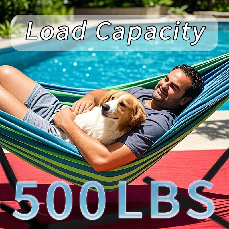 Double Hammock with Stand, 2 Person Hammock with Carrying Bag,Heavy Duty Portable,500 lb Capacity, Perfect for Both Indoors and Outdoors，Ocean Breeze