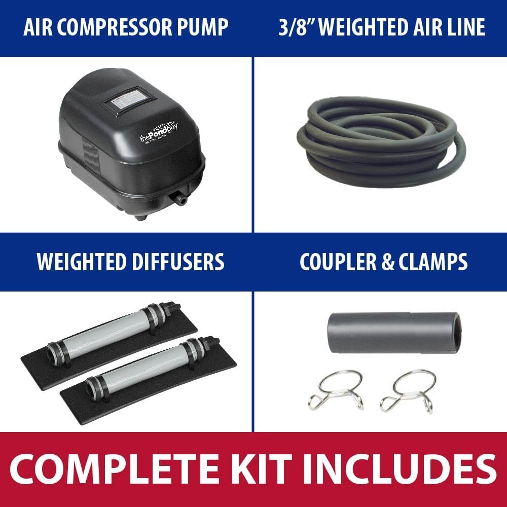 The Pond Guy Pond Aerator 2, Complete Aeration Kit, Water Garden Oxygenation Bubbler System Adds Oxygen to Koi & Fish Ponds, Outdoor Diaphragm Compressor Pump, Air Line & 2 Submersible Diffuser Stick