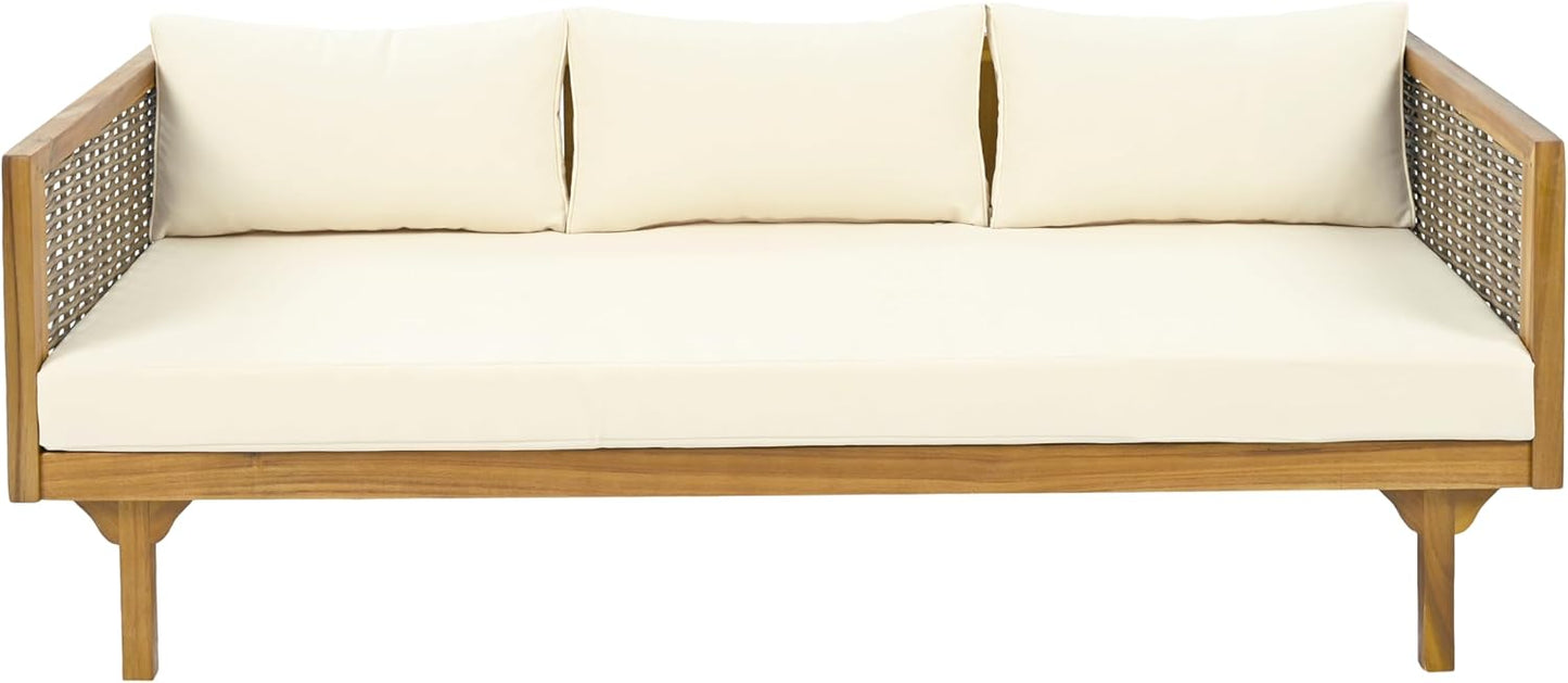 Christopher Knight Home Outdoor 3 Seater Acacia Wood Daybed with Fabric Water Resistant and Removable Cushions, Patio Garden Poolside Sofa with Wicker Armrest and Slat Paneling Back, Teak and Beige