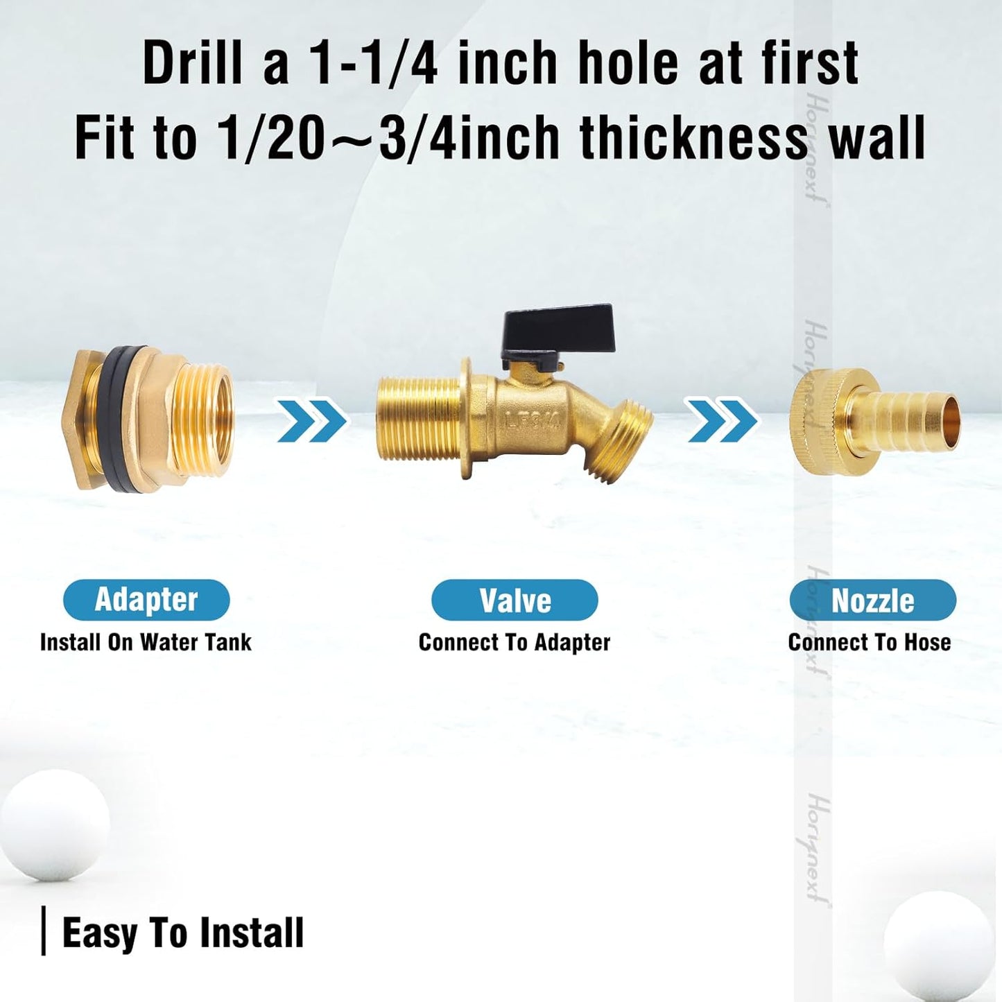 spigot for rain barrel parts kit, brass water barrel spigots accessories for 55 gallon bucket, garden hose connector adapter bulkhead fitting, 1-1/4 inch O.D. inlet & 5/8 inch barb O.D.