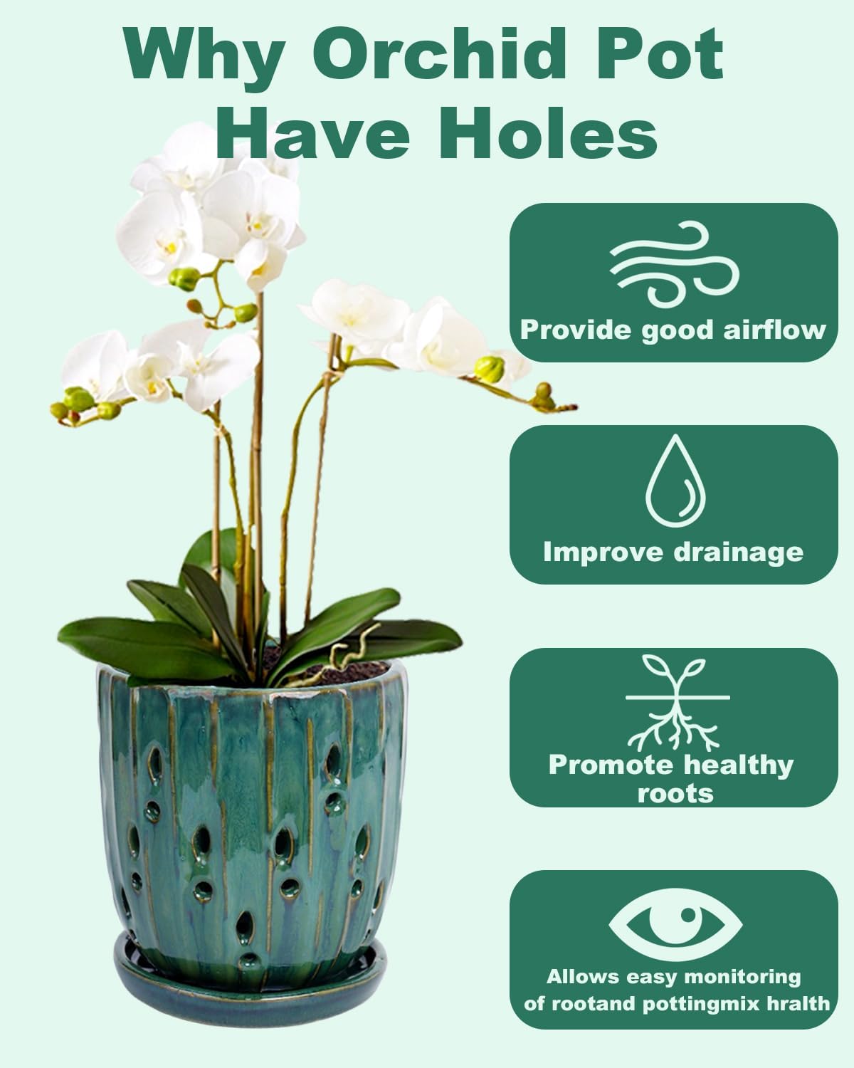 vensovo 6 Inch Ceramic Orchid Pot - Orchid Pot with Holes for Repotting, Ceramic Planter with Saucer for Indoor/Outdoor Plants, Green