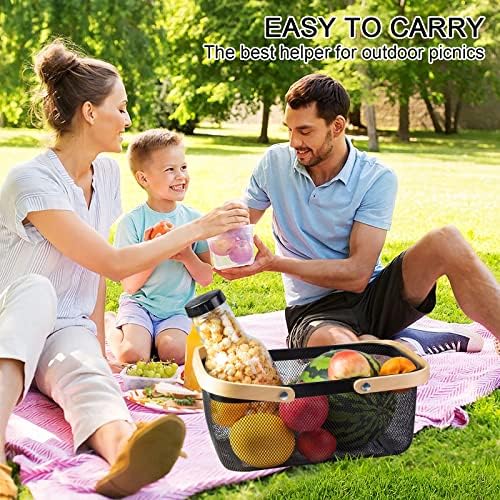 Portable Garden Harvest Basket-Mesh Design Natural Bamboo Handle Wire Storage Baskets,Mesh Basket with Handle Organize Items Reduce Space Occupation,Suitable for Kitchen,Garden,Picnic(Black)
