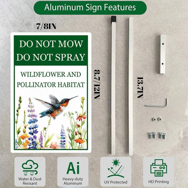 Do Not Mow Do Not Spray Wildflower and Pollinator Habitat Yard Sign With Stakes 7x9.8 inches Rustproof Reflective Aluminum Pollinator Friendly Garden Sign Stand Outdoor