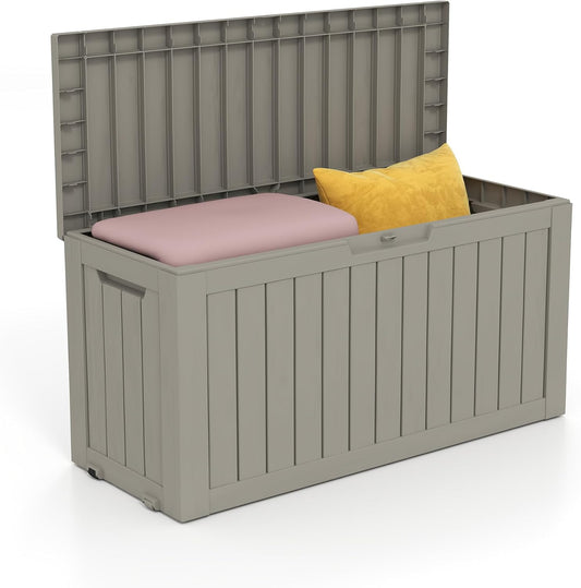 75 Gallon Waterproof Large Resin Deck Box Indoor/Outdoor Lockable Storage Container and Seating for Garden, Pool, and Patio (75 Gallon, Grey)