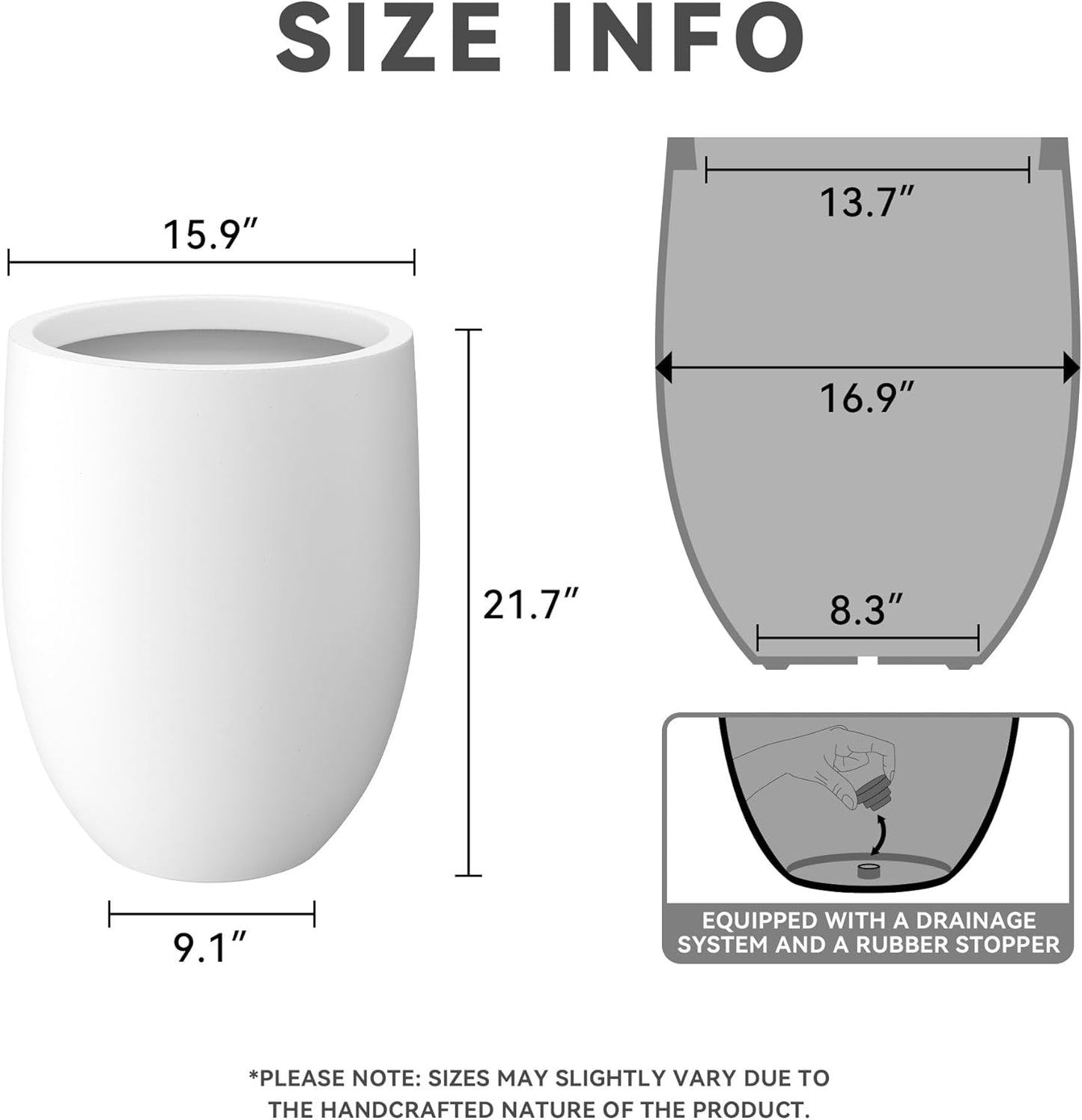 Kante 21.7" H Snow White Concrete Tall Planter, Large Outdoor Indoor Decorative Pot with Drainage Hole and Rubber Plug, Modern Round Style for Home and Garden