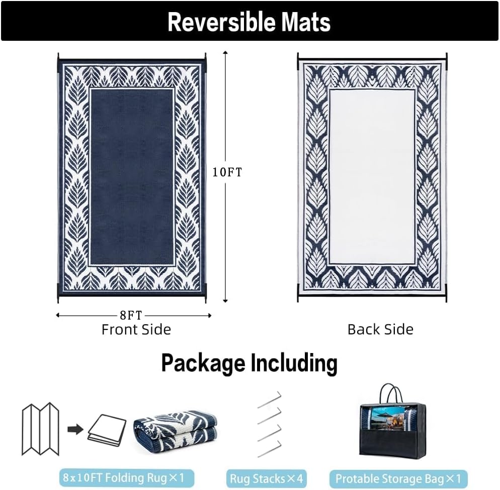 Outdoor Plastic Straw Rug, Waterproof Mat, Washable Large Floor Mat and Rug for Outdoors, RV, Beach, Patio, Camping, Backyard, Deck, Picnic, Outside (Olive-Leaf/Dark Blue&White,9x12ft)