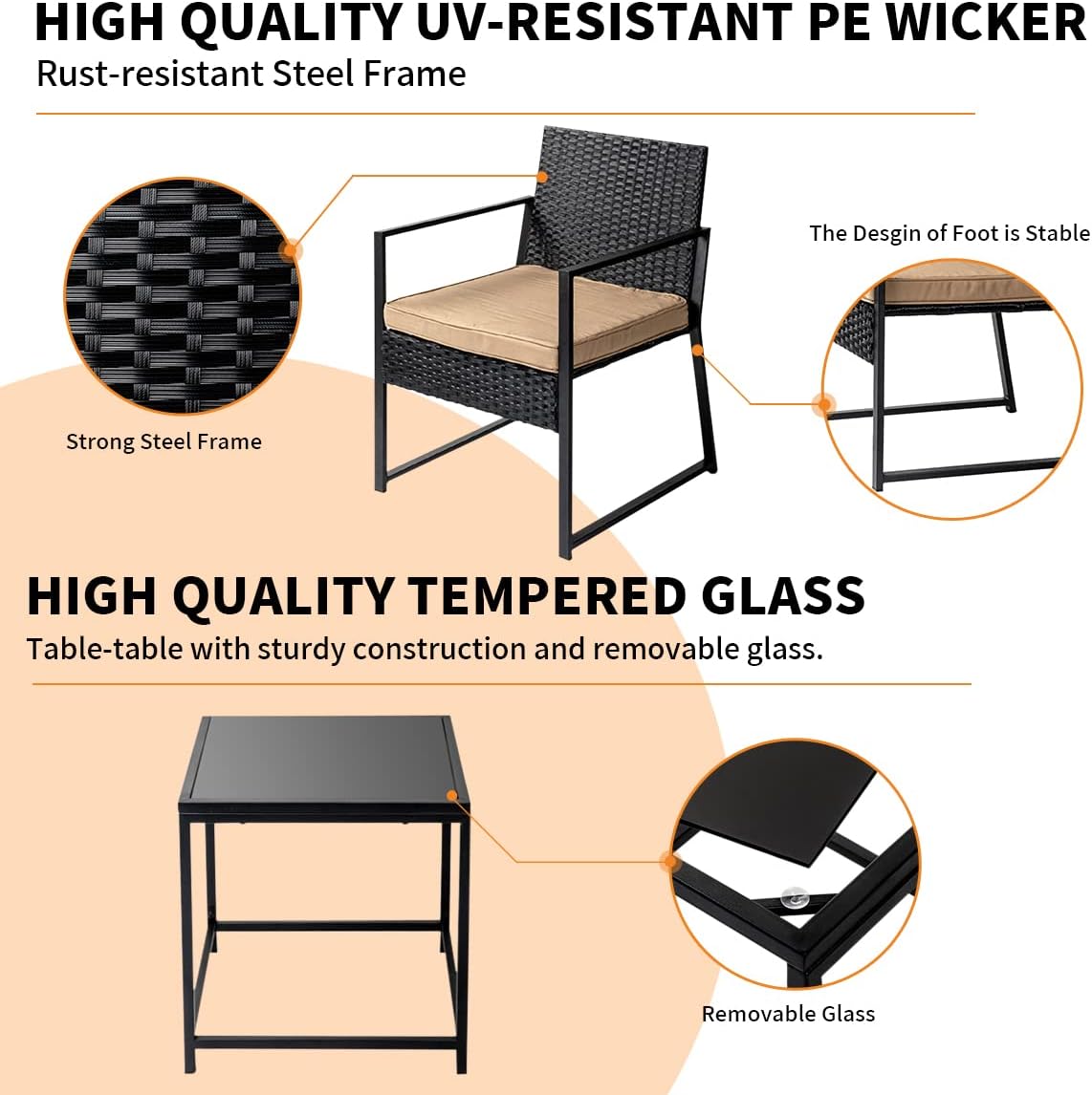 Patio Furniture Set,Wicker Bistro Set 3 Pieces Outdoor Furniture,Rattan Table and Patio Chairs Set for Balcony,Yard,Porch and Deck（Khaki