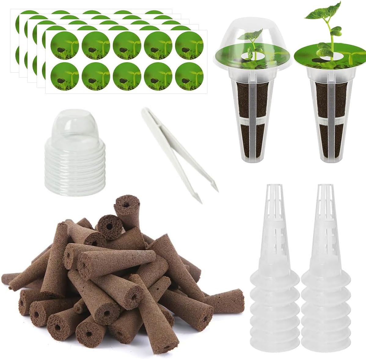 107pcs Seed Pod Kit for Aerogarden, Hydroponics Garden Accessories for System Compatible with Hydroponics Supplies from All Brands, 32 Grow Sponges, 12 Plant Baskets & Domes, 50 Pod Labels, 1 Tweezer