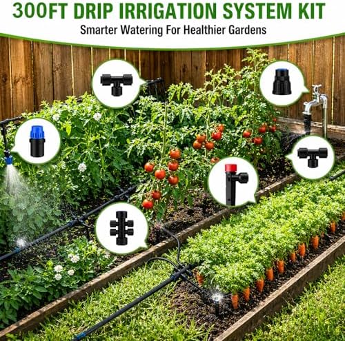 300FT Drip Irrigation System Kit, Quick Push-to-Connect Auto Garden Watering Irrigation System with 70FT 1/2'' & 230FT 1/4'' Tubing, Adjustable Dripper Sprayers for Raised Bed, Lawn, Greenhouse