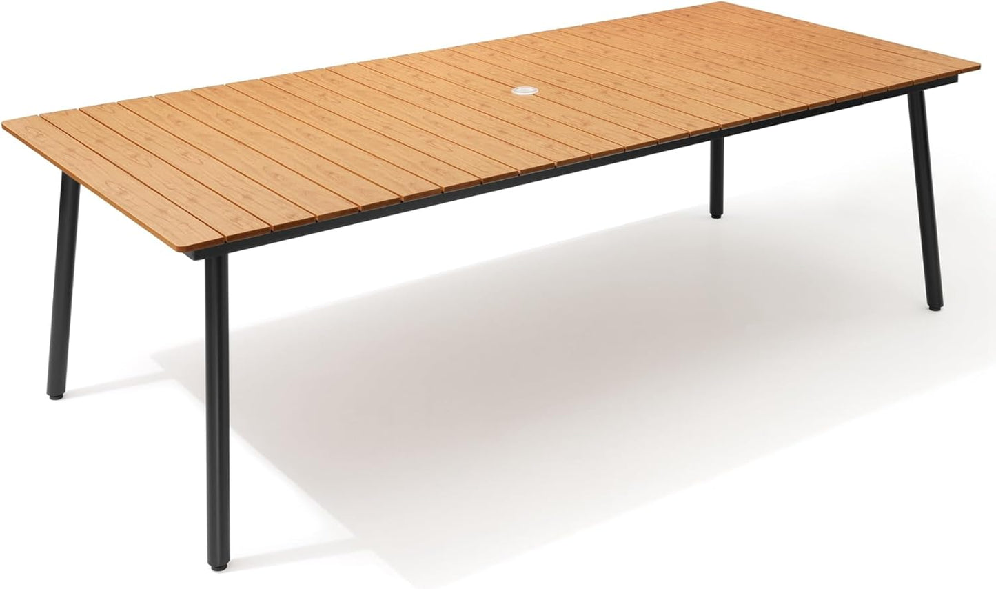 Outdoor Dining Table for 8-10, 94.5 inch Patio Dining Table with Wooden-Like Top and Aluminum Frame, Rectangular Table with Umbrella Hole Outdoor Furniture, Brown