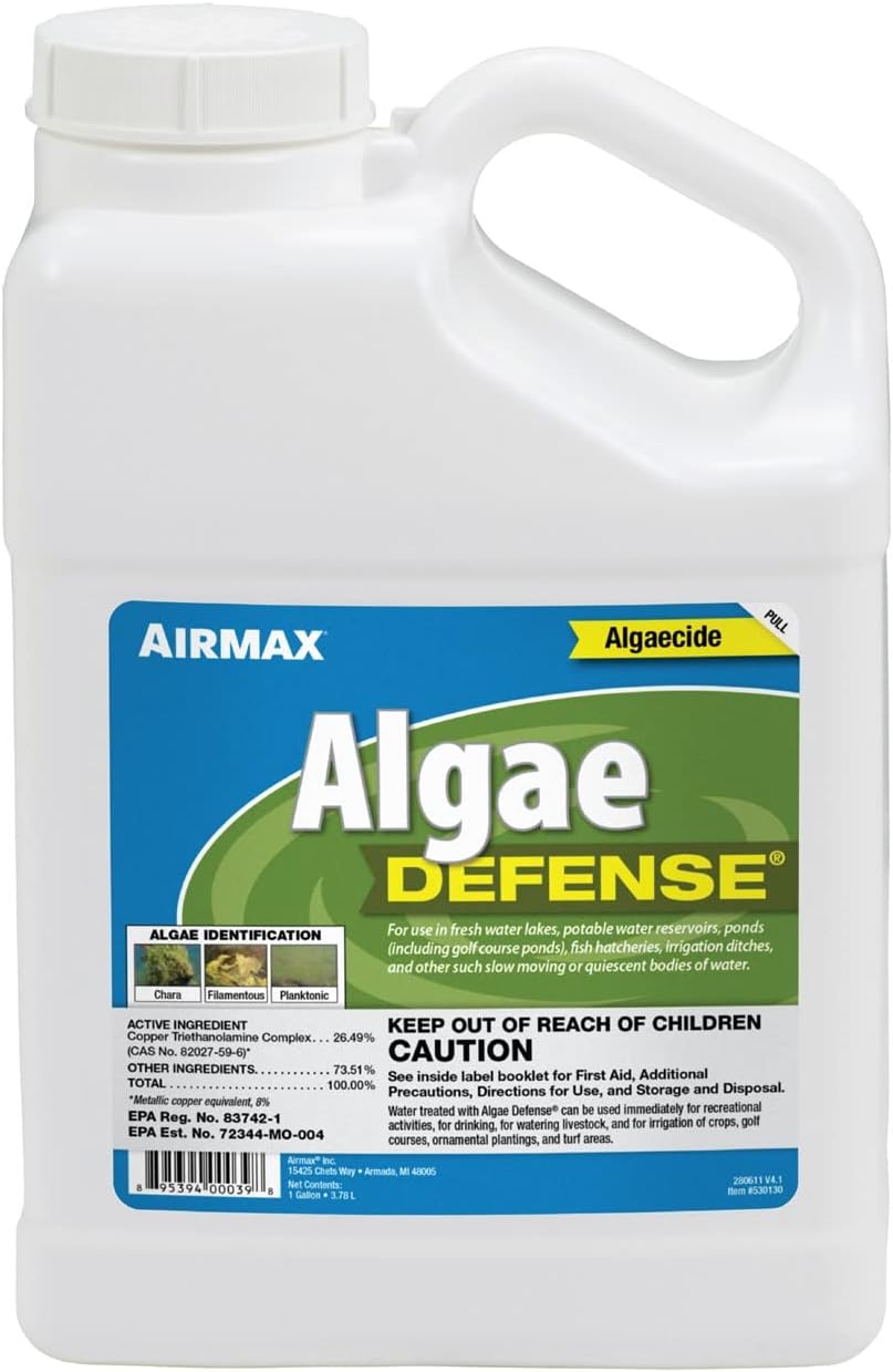 Airmax Algae Defense, EPA Registered Algaecide Pond & Lake Water Treatment, Floating Moss, Green Slime Scum & Chara Killer for Large Ponds & Lakes, Outdoor Liquid Spray Copper Based Solution, 1 Gallon