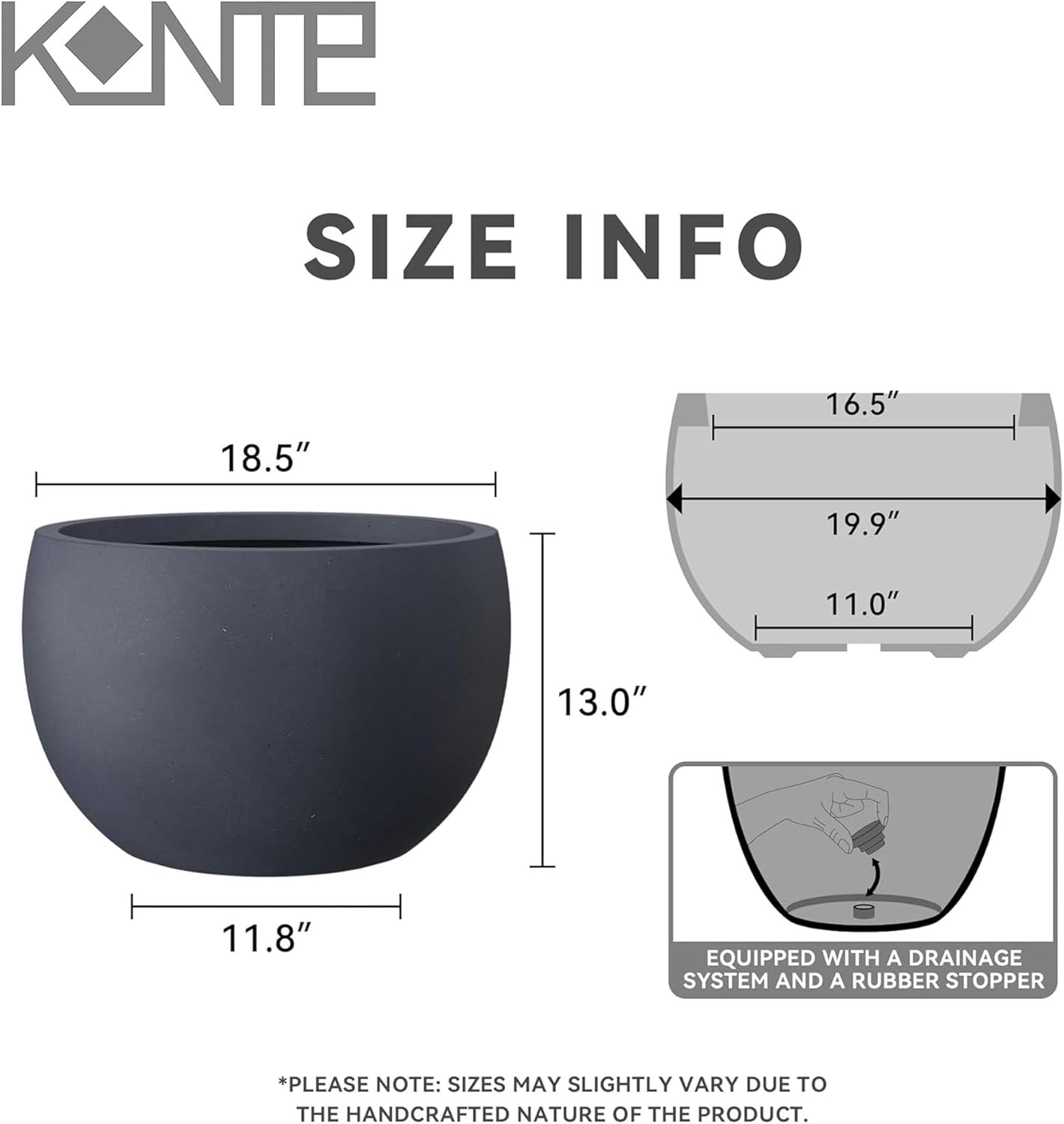 Kante 19.9" Dia Round Concrete Planter, Outdoor/Indoor Large Bowl Plant Pots with Drainage Hole and Rubber Plug for Garden Patio Balcony Home, Charcoal