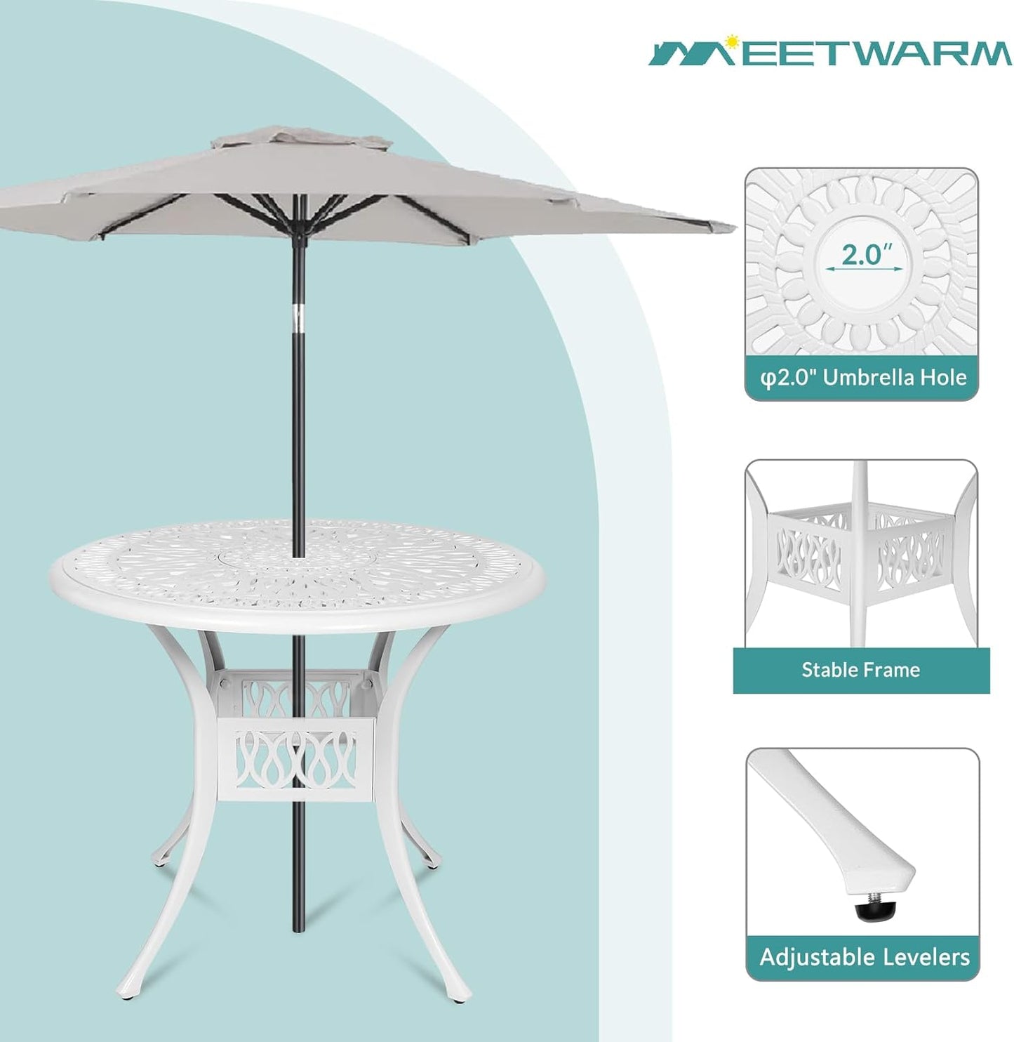 MEETWARM 3 Piece Patio Bistro Set, Outdoor All-Weather Cast Aluminum Dining Furniture Set Includes 2 Chairs and a 35.4” Round Table with Umbrella Hole for Garden Deck, White