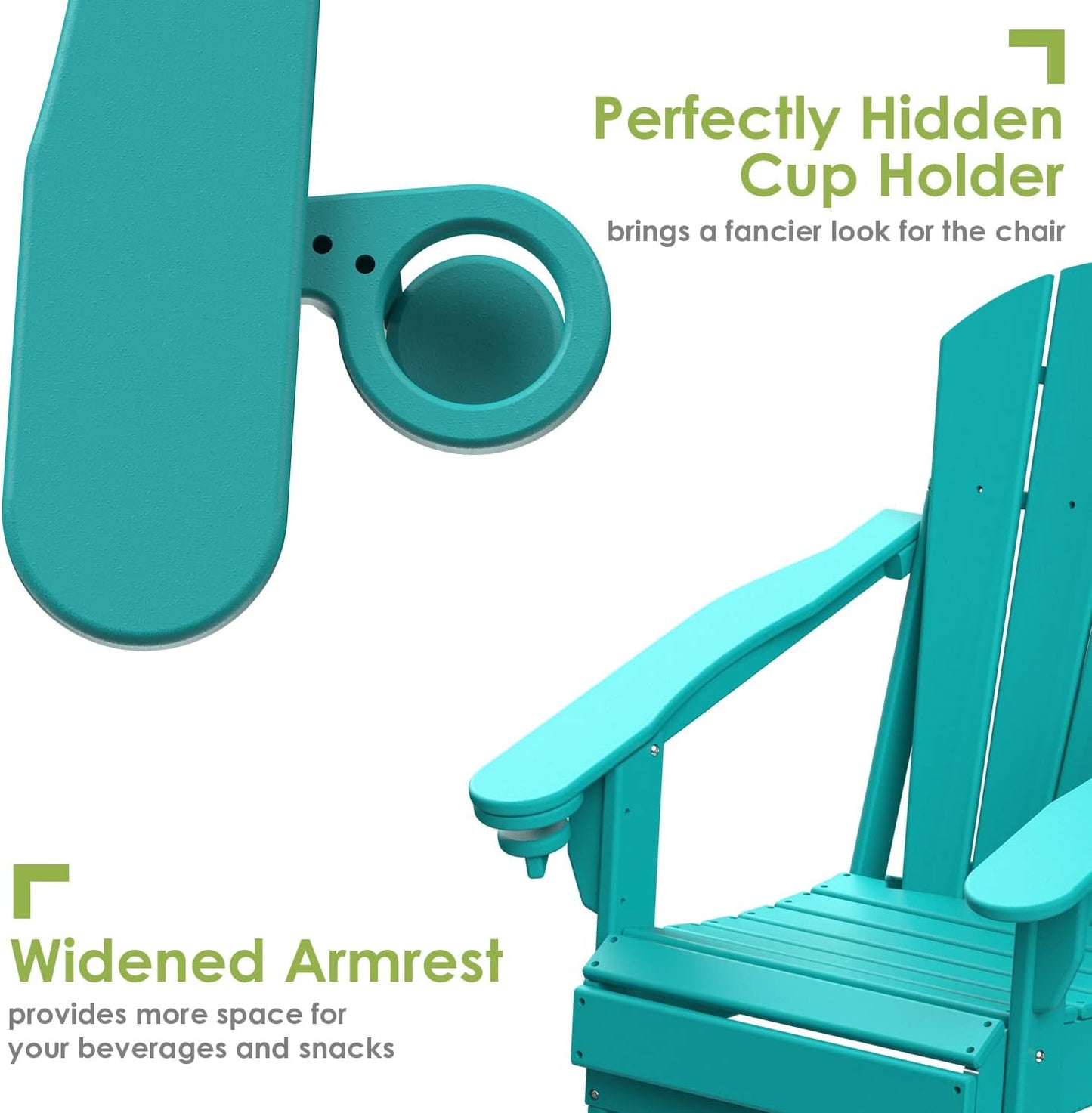 GREENVINES Folding-Adirondack-Chair | HDPE Plastic | Fire Pit Chairs | All Weather | Cup Holder | Aqua | for Deck Backyard Patio Outdoor Garden