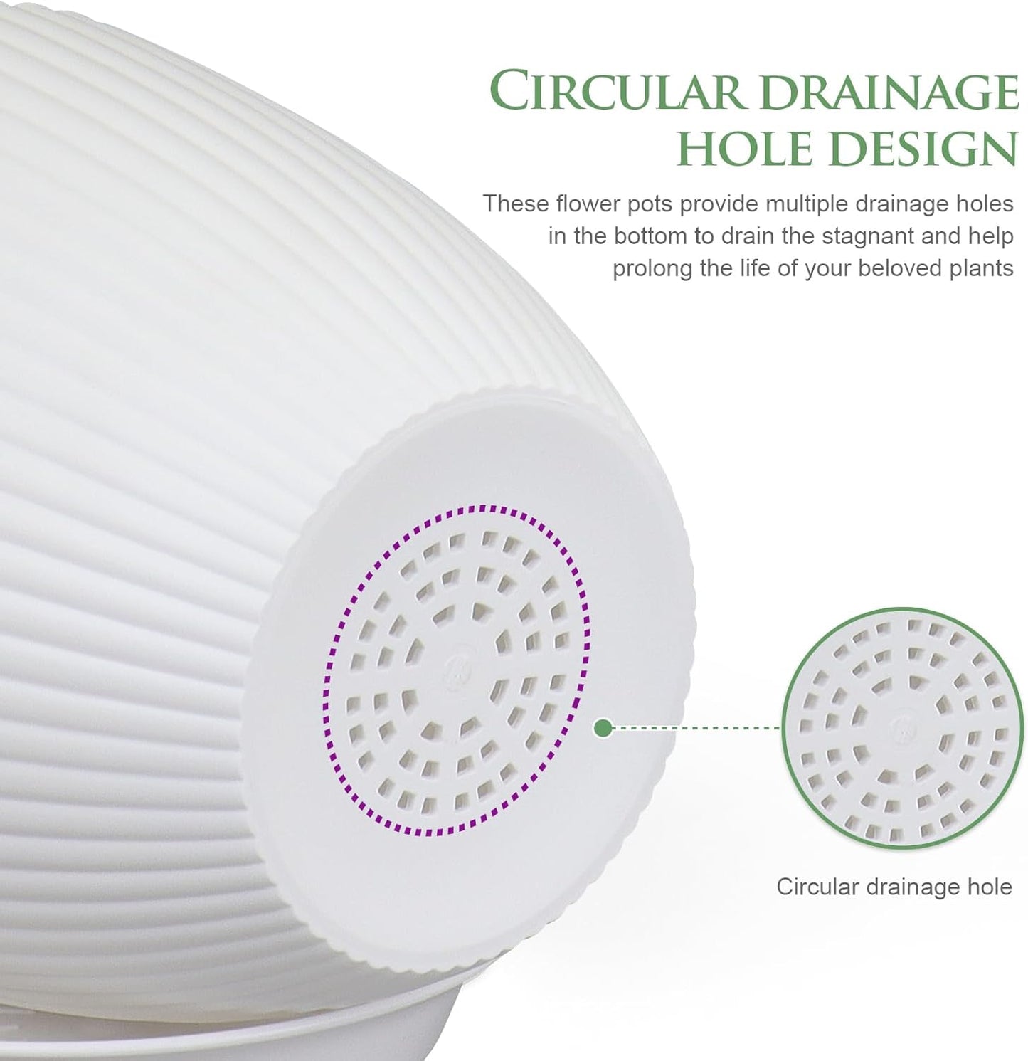 7/6.2/5.5/5/4.5/4 inch Plant Pots, 6 Pack Flower Pots for Small Indoor Outdoor Plants, Plastic Planters with Drainage Holes and Saucers for Garden Succulent House Plants, White