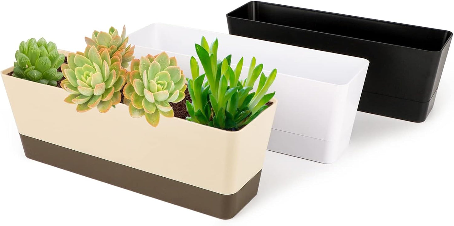 GREANER Window Boxes, 3 Pack 12x3.8 Inch Mixed Color Rectangle Herb Planters with Tray, Indoor Succulent Cactus Plastic Saucer Pot for Windowsill, Balcony, Office, Outdoor Garden (Black, White, Beige)