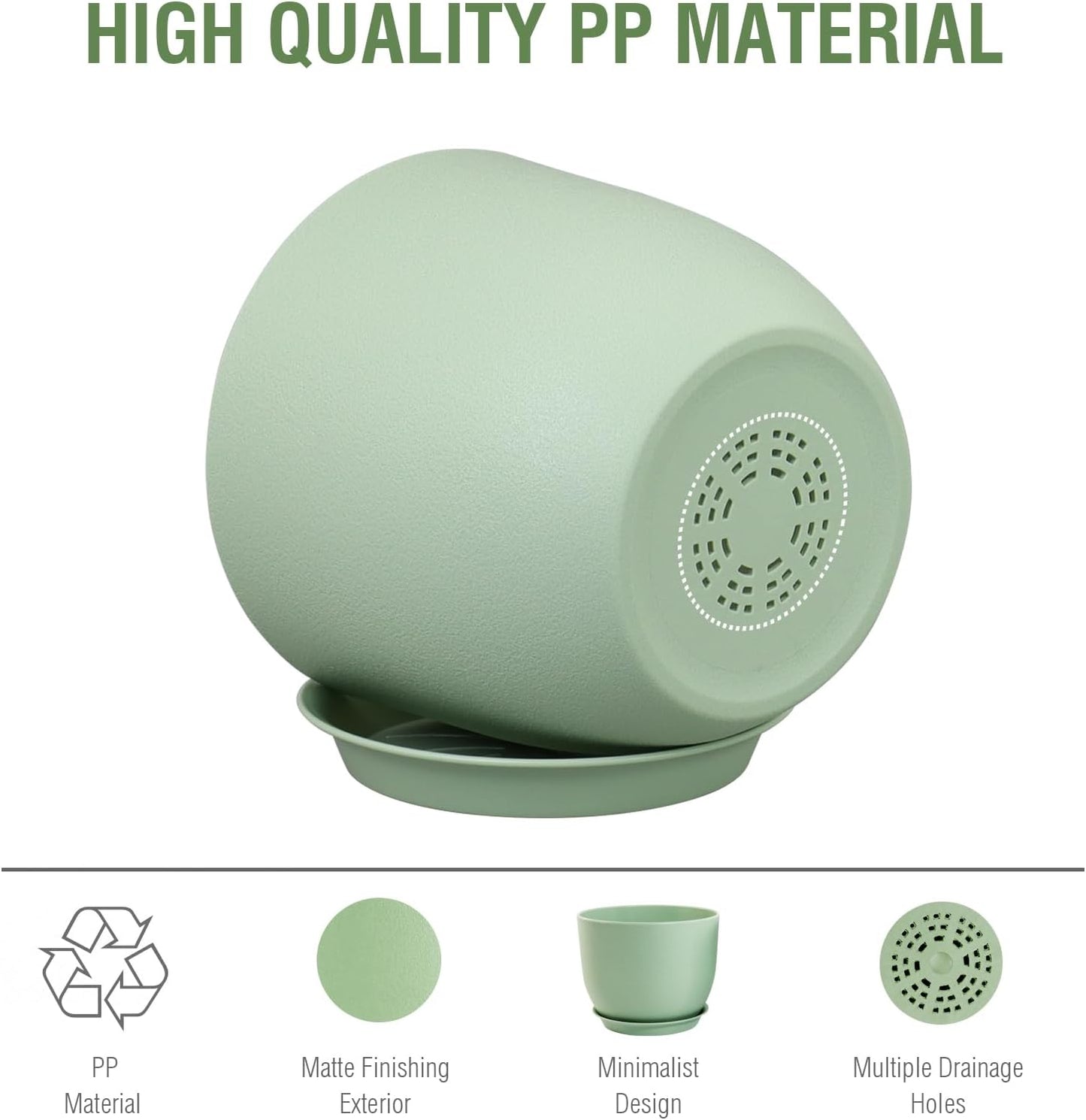 12 inch Big Plant Pots, Plastic Planters with Drainage Holes and Trays, Flower Pots for Indoor Outdoor Plants, Modern Decorative Pots for Garden House Plants, Green